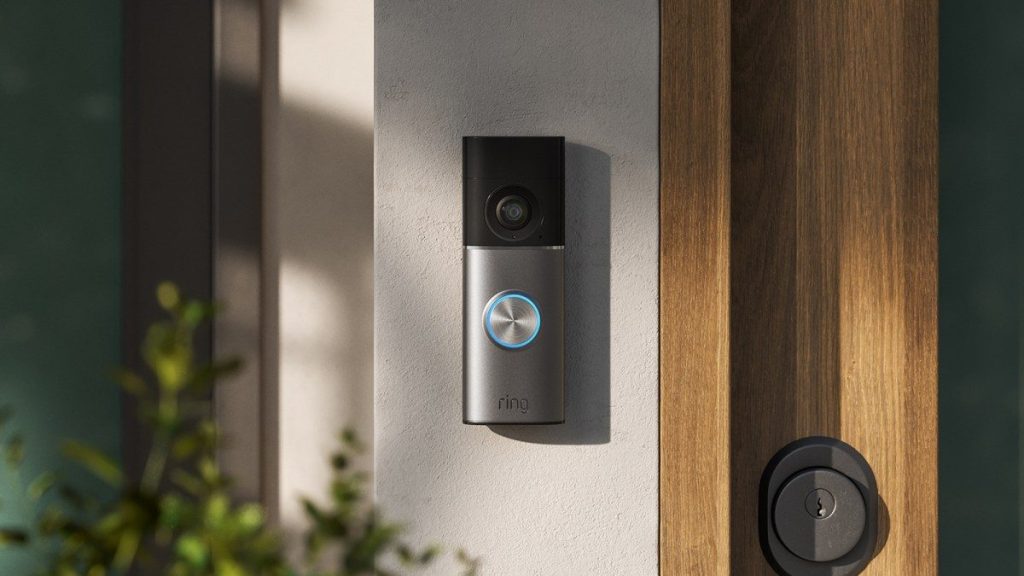 Amazon Ring video doorbell on a front door with Alexa+ Greetings conversational AI feature enabled