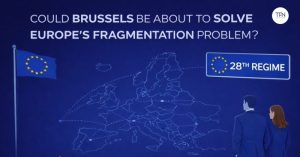 Brussels EU district with European Union flags outside institutional buildings, symbolizing efforts to reduce market fragmentation across Europe.