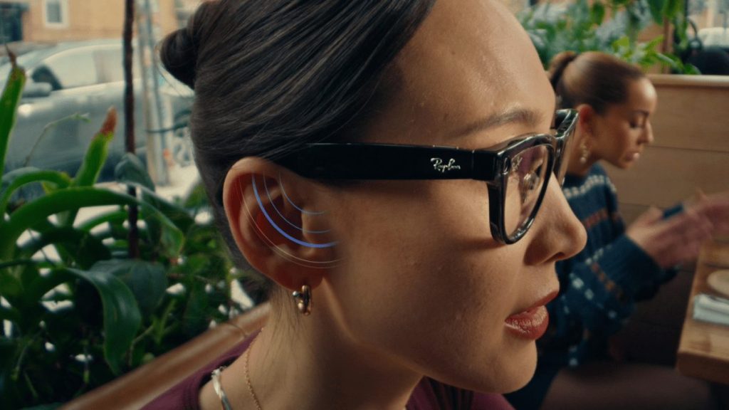 Meta Ray-Ban smart glasses showing conversation-focus audio and Spotify visual playback update