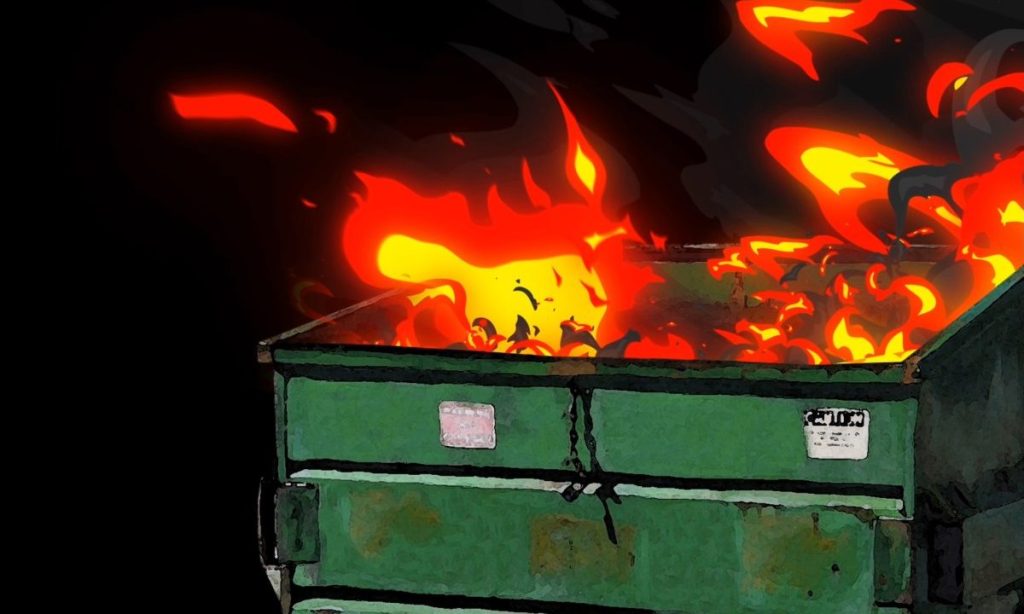 TechCrunch 2025 data breach and cyberattack recap illustration showing a dumpster fire symbolizing cybersecurity crises
