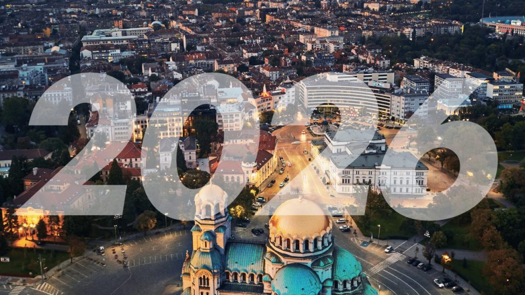 Panoramic view of Sofia, Bulgaria with modern office buildings symbolizing a growing tech startup ecosystem
