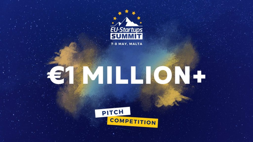Startups pitching on stage at a European tech summit with a €1 million prize banner in the background