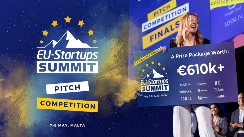 Startup founder pitching on stage to a panel of investors at a European tech summit