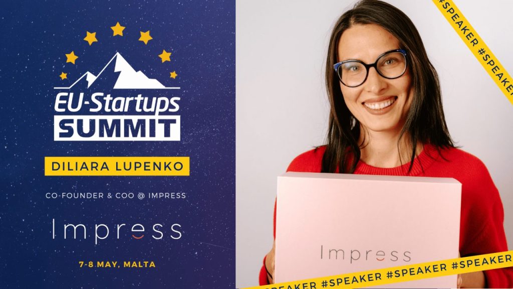 Impress Co-founder and COO Diliara Lupenko speaking on stage at a European startup summit in Malta