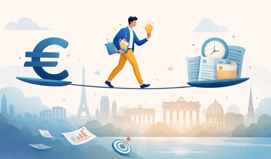 Europe’s entrepreneurs push on despite fear and red tape Determined European entrepreneur working late in a modern office surrounded by startup planning materials