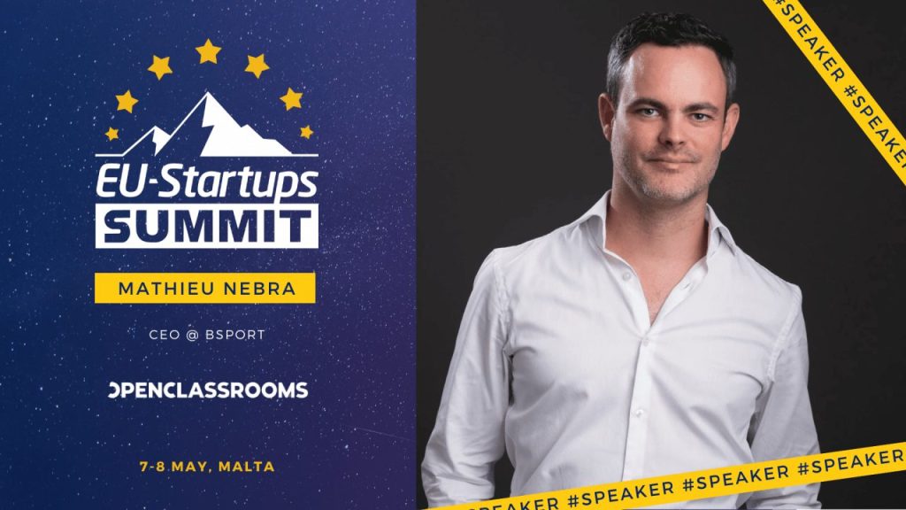 Mathieu Nebra of OpenClassrooms speaking at a European tech and startup conference