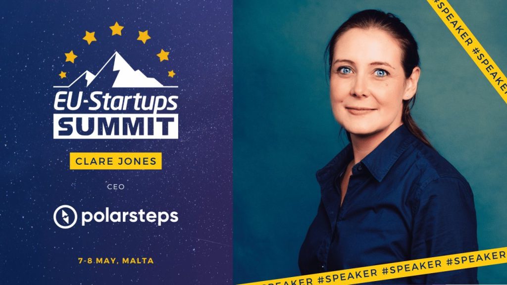 Polarsteps CEO Clare Jones speaking on stage at a European startup summit in Malta