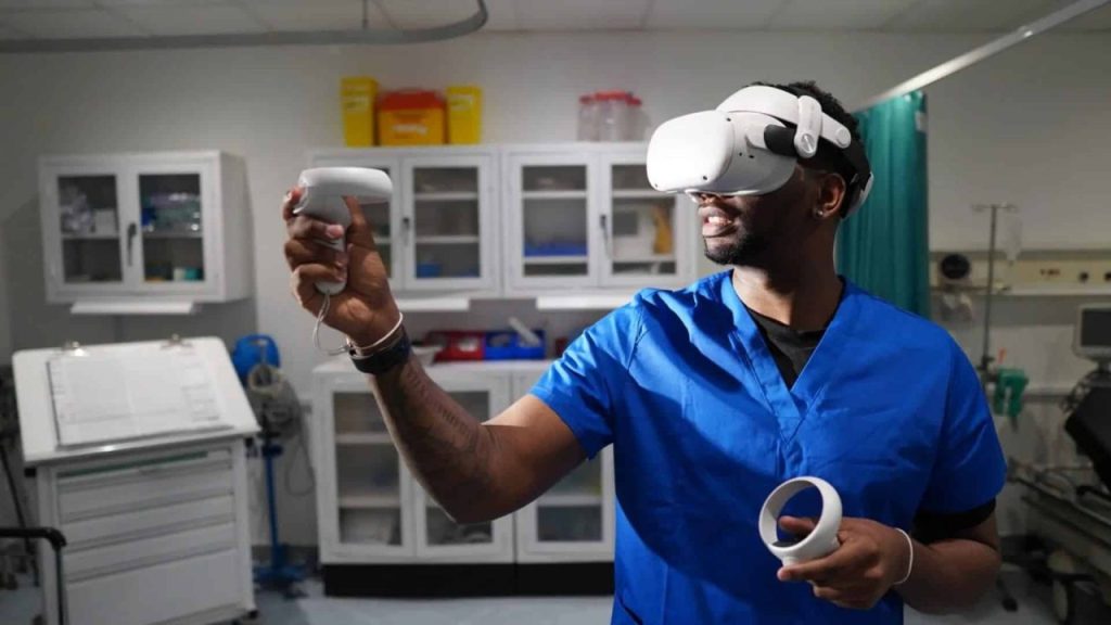 Medical student using a virtual reality headset for clinical training in a simulated hospital environment