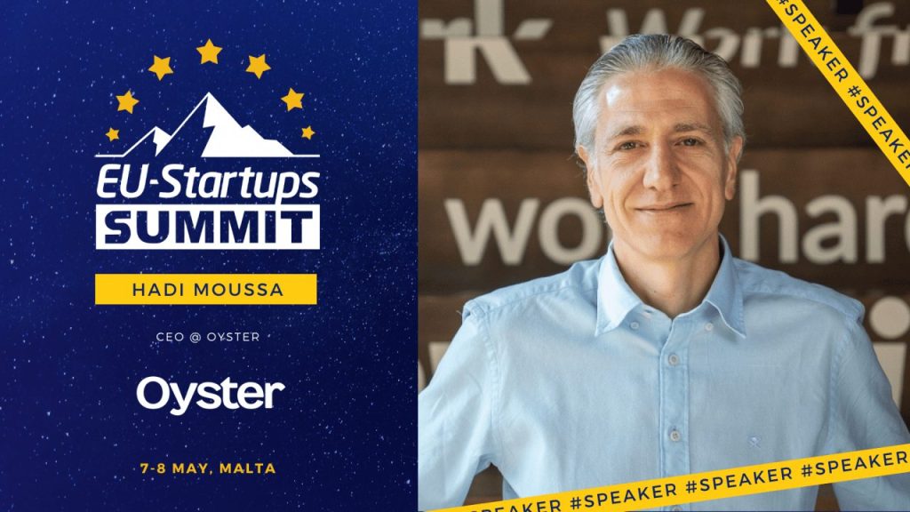 Hadi Moussa, CEO of HR unicorn Oyster, speaking on stage at a European startup summit