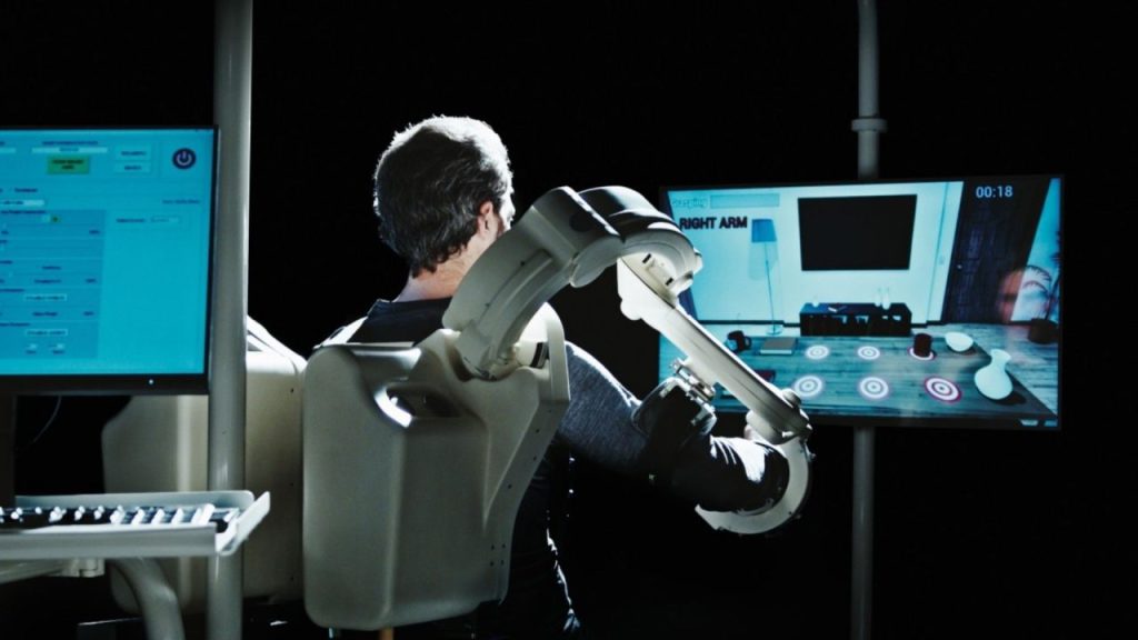 Wearable exoskeleton robot used for neuromotor rehabilitation in a clinical setting